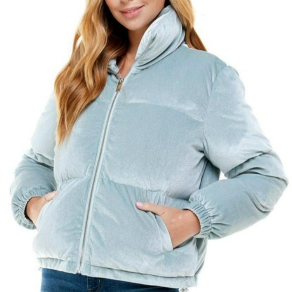 TCEC Blue Skies Velvet Puffer Coat Dusty Blue Size Large NWT - Picture 3 of 5